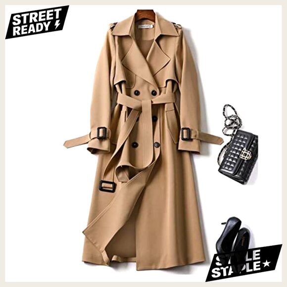 Women's Long Trench Coat Double Breasted Belted Windproof Polyester Outerwear - Picture 3 of 5